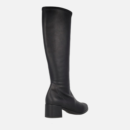 High boots in elastic fabric texture leather with low heel