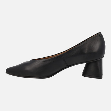 Black leather pumps with geometric heel