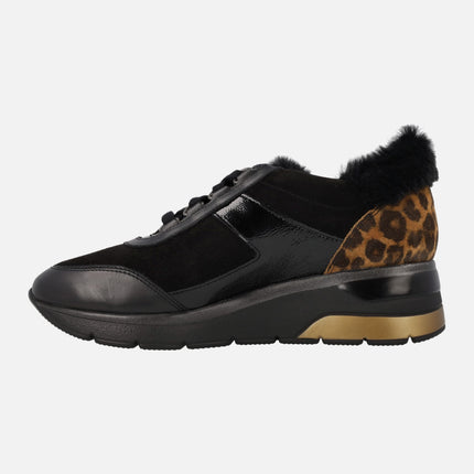 Estella Black women's sneakers with animal print heel
