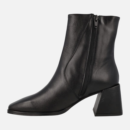 Black leather boots with wide heels and square toe
