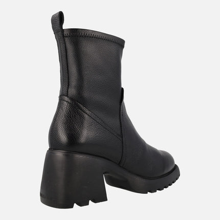 Black leather ankle boots with elastic leg and wide heel