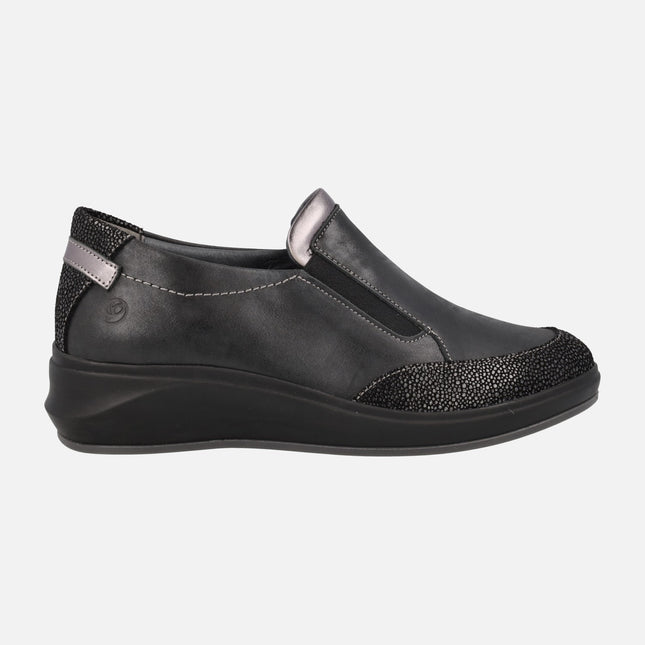 Black Comfort moccasins with side elastics by Leyland