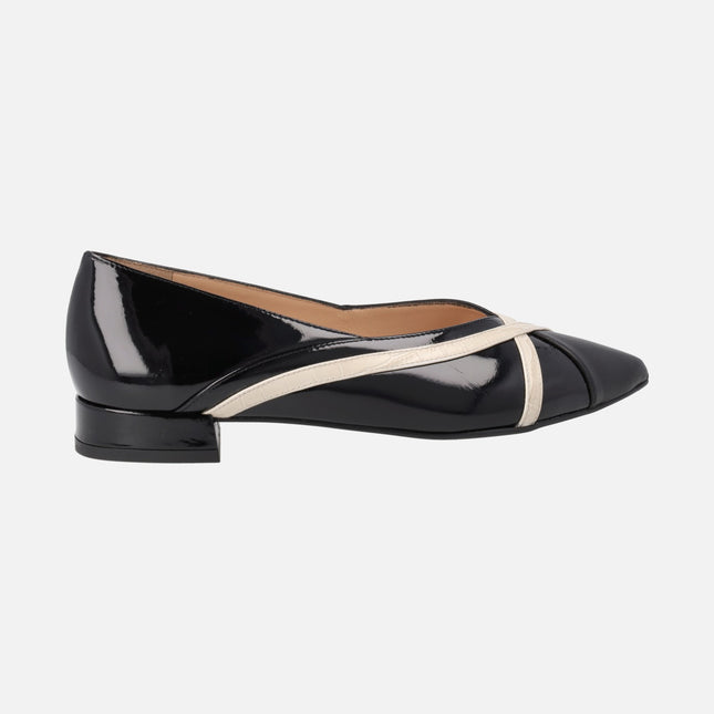 Black patent leather flats with off white strips detail