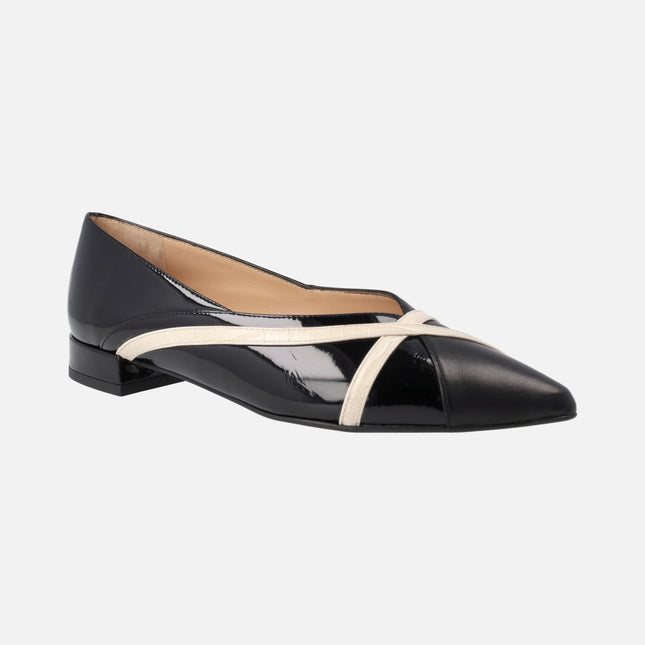 Black patent leather flats with off white strips detail