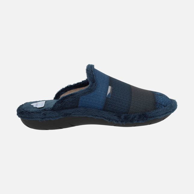 Men's open heel house slippers with stripes in blue and gray
