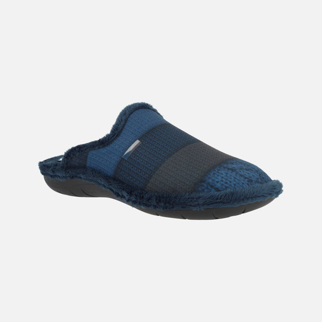 Men's open heel house slippers with stripes in blue and gray