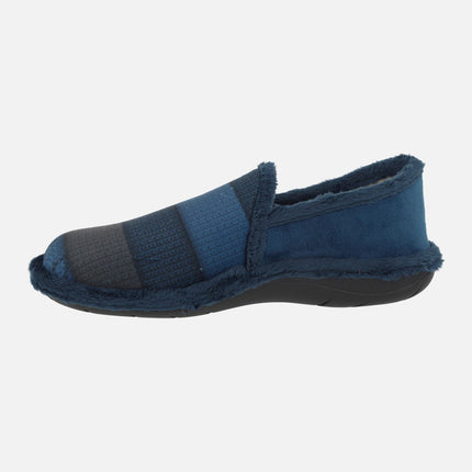 Zapatillas de casa cerradas para hombre con franjas en azul y gris
