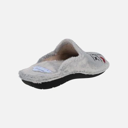 Women's house slippers in pearl grey with Three in line play