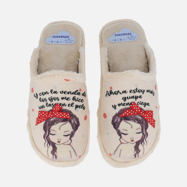 Women's beige house slippers with red ribbons and message