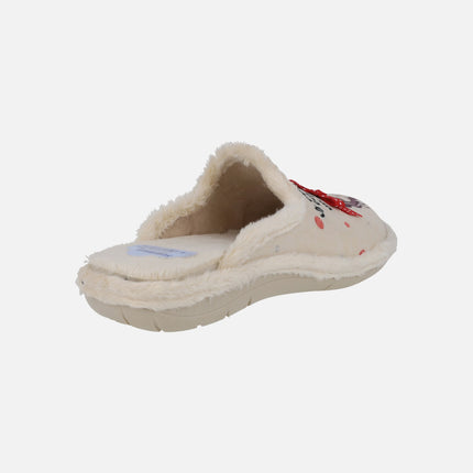 Women's beige house slippers with red ribbons and message