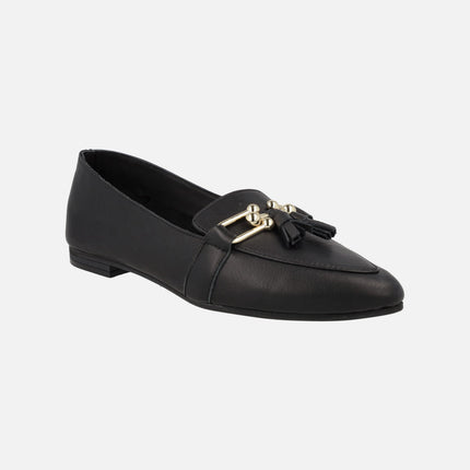Women's Black leather moccasins with tassels