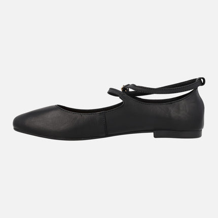 Black leather flats with ankle bracelet