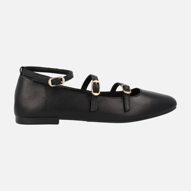 Black leather flats with triple buckled strip