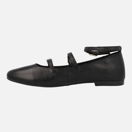 Black leather flats with triple buckled strip