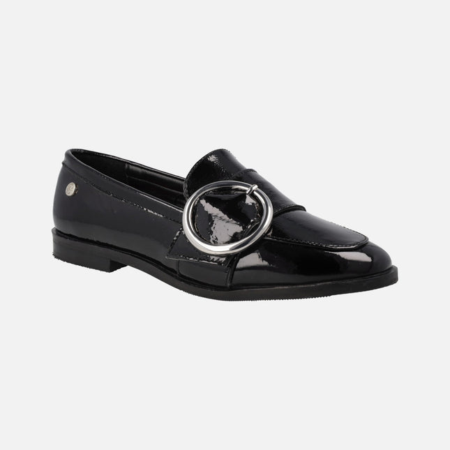 Black patent leather moccasins with circular buckle