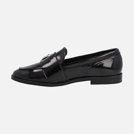 Black patent leather moccasins with circular buckle