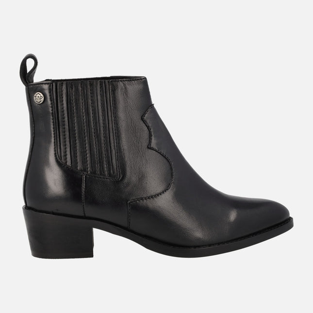 Black leather cowboy style ankle boots