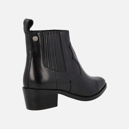 Black leather cowboy style ankle boots