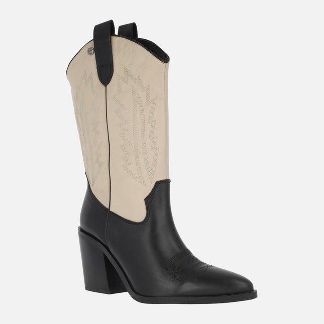 Black and beige Bicolor leather cowboy boots