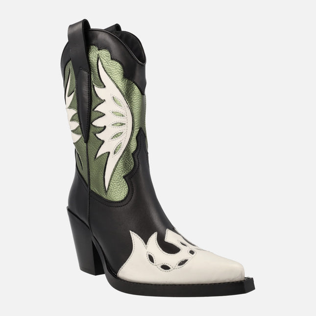 Joe Sanchez cowboy boots in tricolor combination Black White Kaki 
