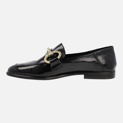 Women`s black patent leather moccasins with metallic detail