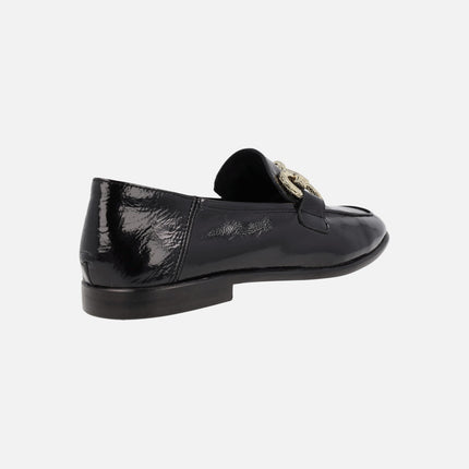 Women`s black patent leather moccasins with metallic detail