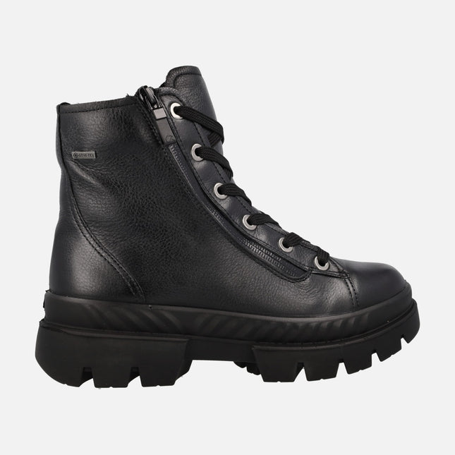 Black leather ankle boots with track sole and gore-tex membrane