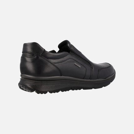 Black leather moccasins with elastic and gore-tex membrane for men