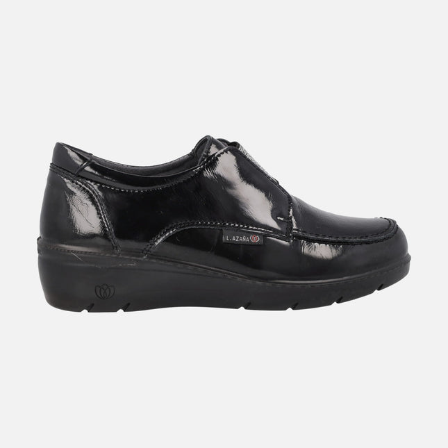Women's Black patent leather sneakers with silver elastic 