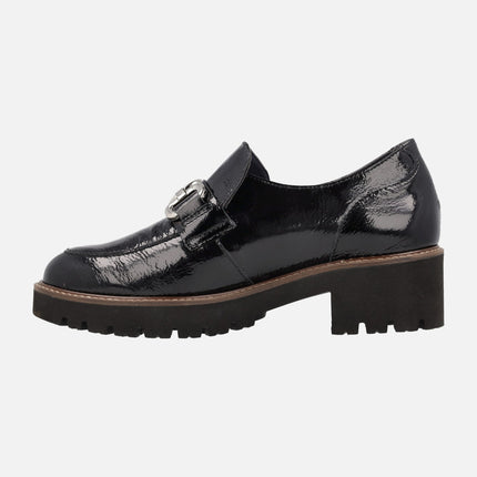 Black patent leather moccasins with ornament and track outsole