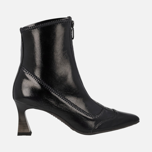 Hispanitas Dalia pointed toe ankle boots in patent leather and black stretch fabric