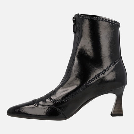Hispanitas Dalia pointed toe ankle boots in patent leather and black stretch fabric