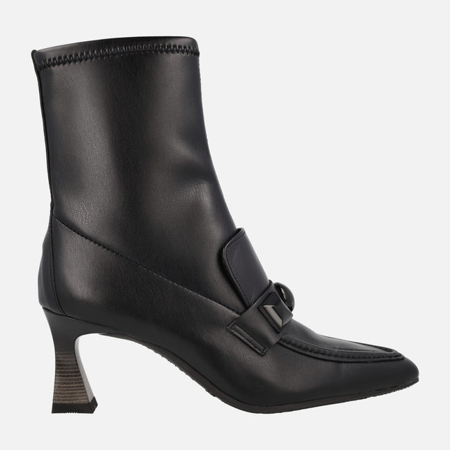 Black stretch ankle boots with elastic leg and decoration