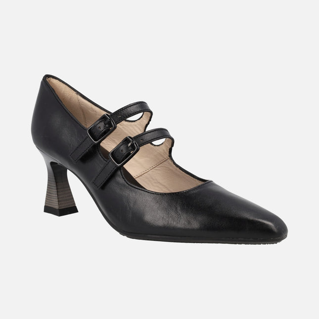Mary jane shoes with double buckle strap in black leather