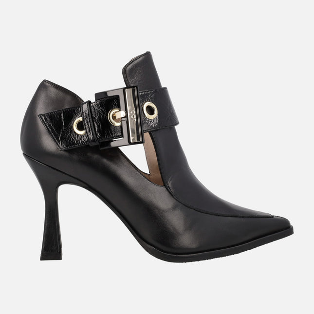 Black leather cut out booties with buckle for women Lodi Mabil