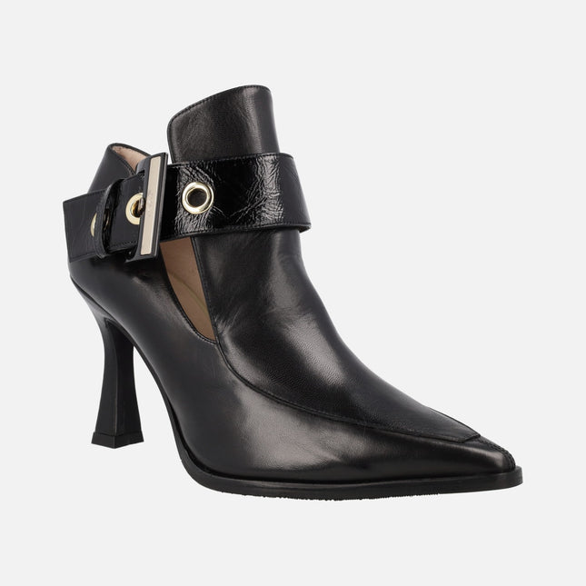 Black leather cut out booties with buckle for women Lodi Mabil