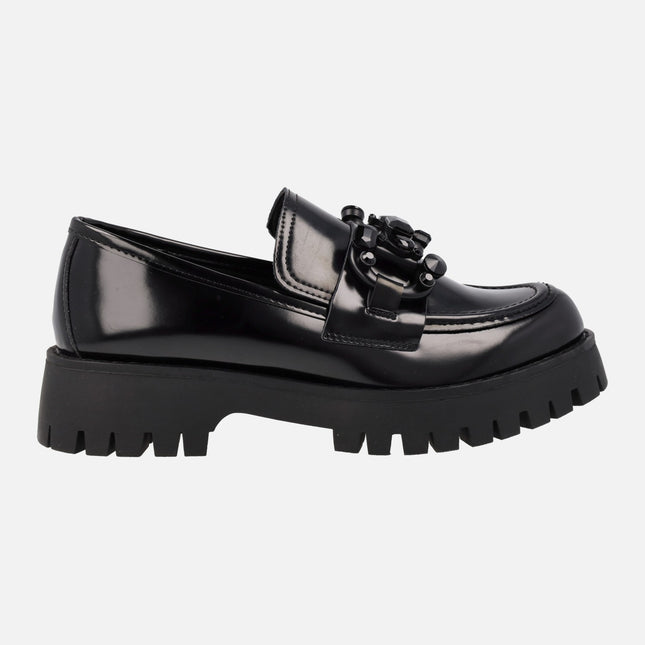 Black loafers for woman with track outsole and jewel detail