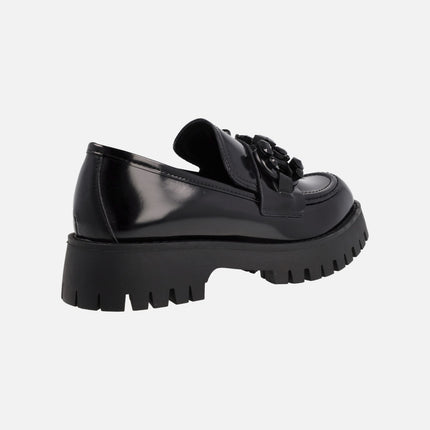 Black loafers for woman with track outsole and jewel detail
