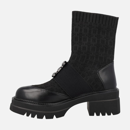 Botines calcetín negros con adorno de pedrería B079-H1033