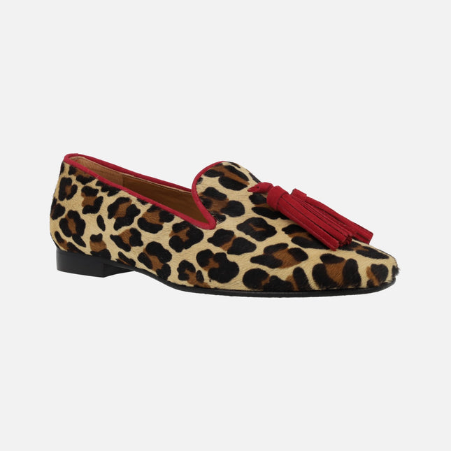 Leopard animal print Moccasins with red tassels