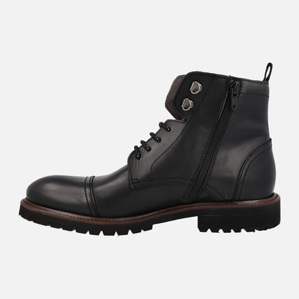 Black leather lace-up and zipper ankle boots for men