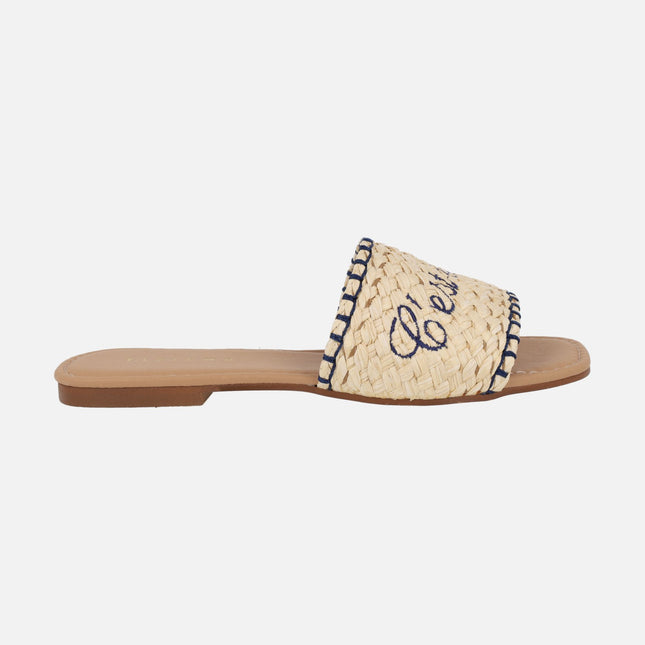 Beige braided sandals with c'est la vie message
