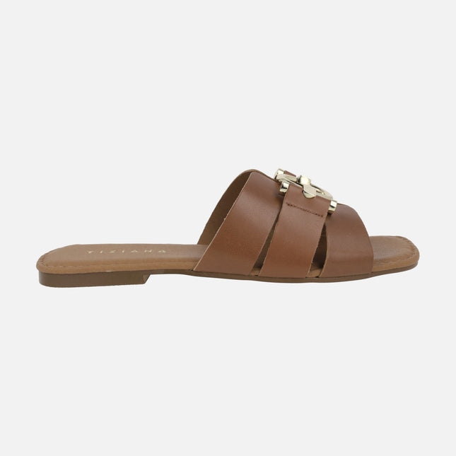 Flat leather sandals with gold metallic detail