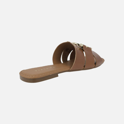 Flat leather sandals with gold metallic detail