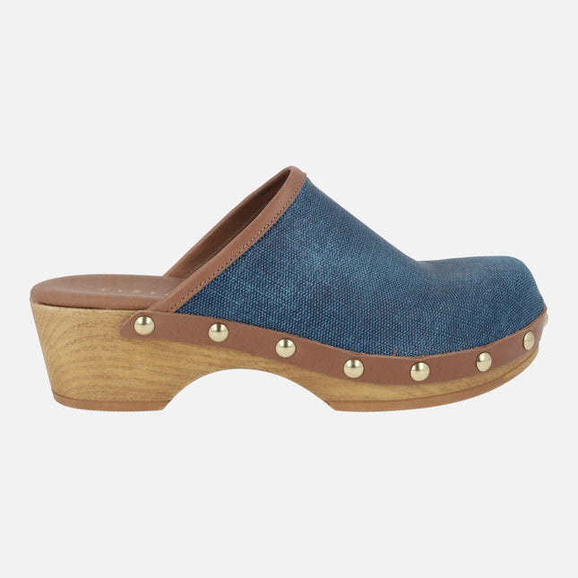 Madelin clogs in combined denim fabric and brown leather