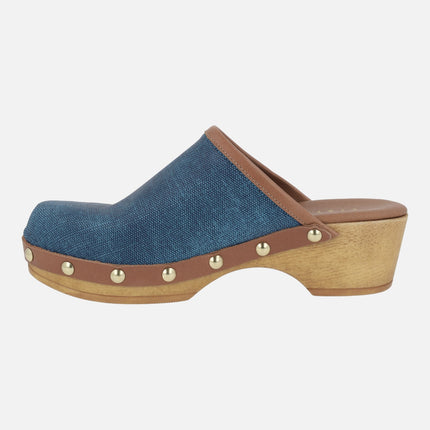 Madelin clogs in combined denim fabric and brown leather
