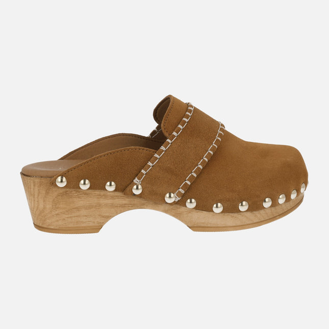 Brown leather suede clogs