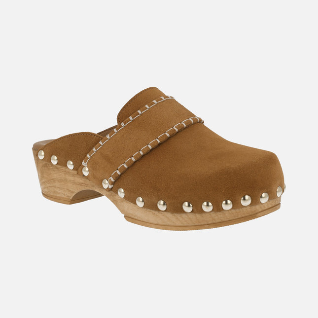 Brown leather suede clogs