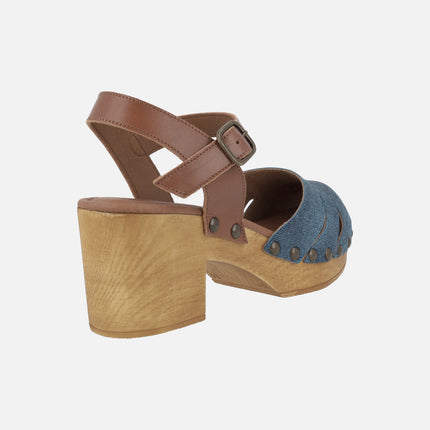 Tiziana clogs in denim fabric with brown leather ankle bracelet and studs