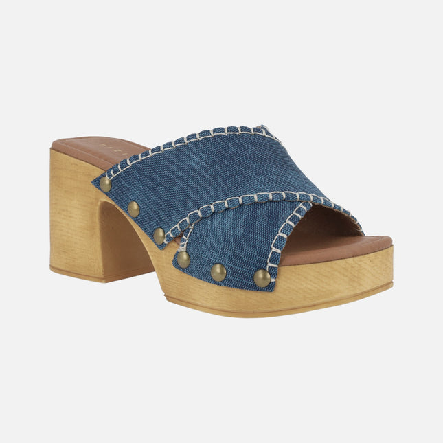 Heeled clogs in denim fabric with studs